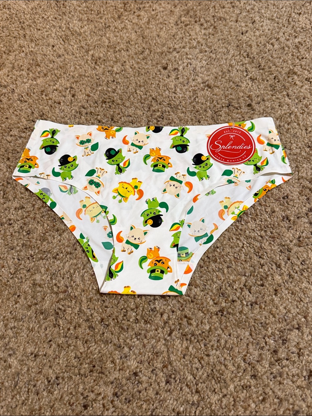 Splendies White Briefs with Green & Orange Cartoon Cats